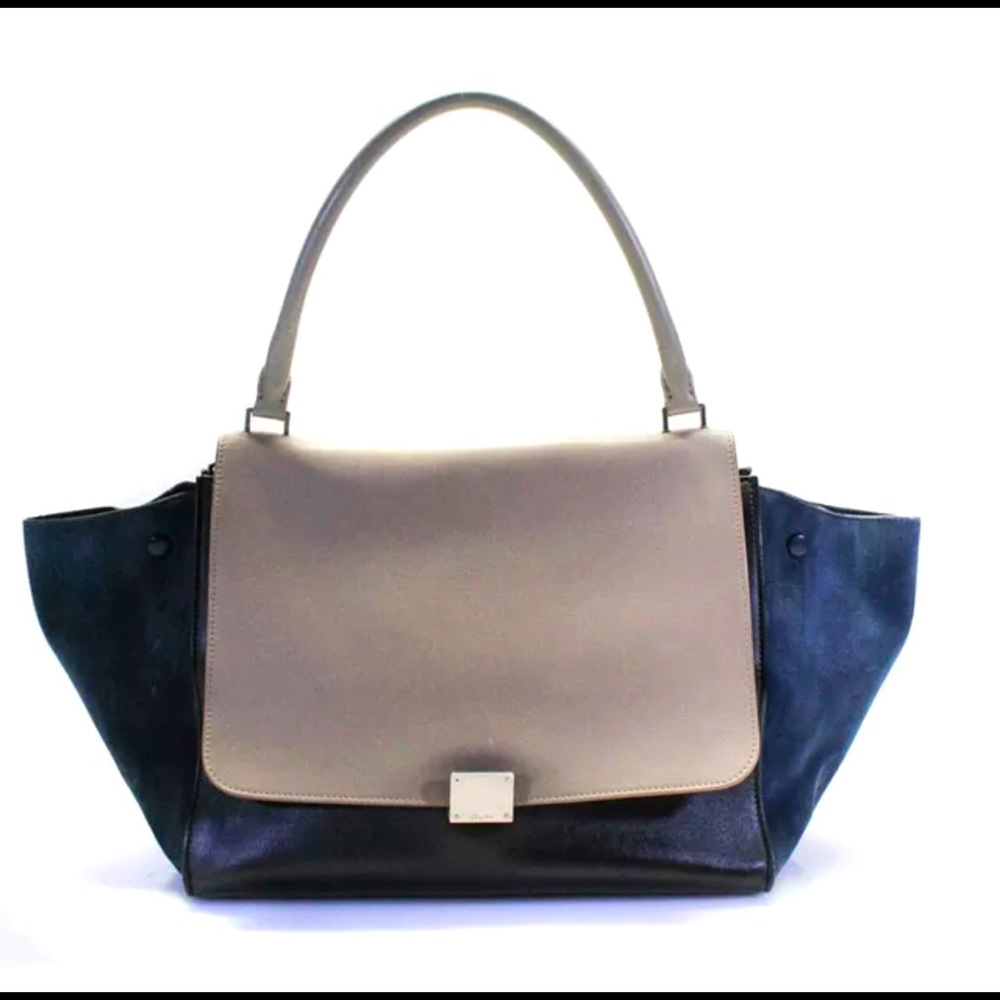 Authentic Celine Large Trapeze Bag Purse Handbag Blue Grey Silver